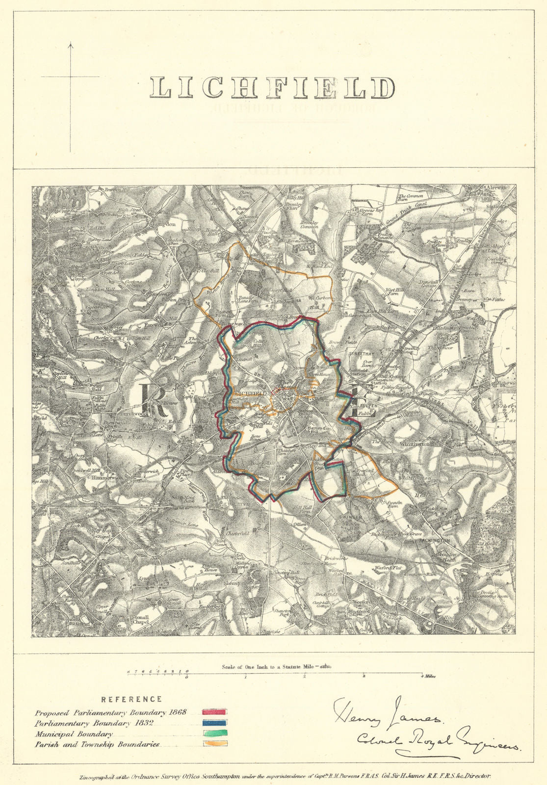 Lichfield, Staffordshire. JAMES. Parliamentary Boundary Commission 1868 map